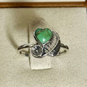 Sparkling Heart: Natural Green Copper Turquoise & Sterling Silver Ring Size 7